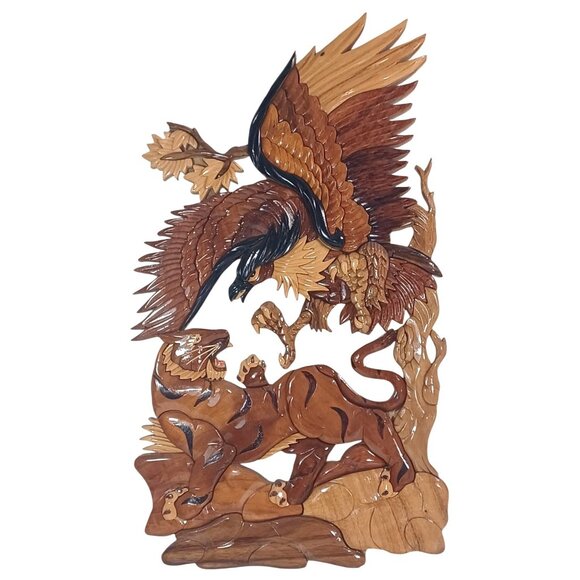 Handcrafted Wood 3D  Intarsia Wall Sculpture Art Tiger Patriotic Eagle B… - Picture 2 of 8